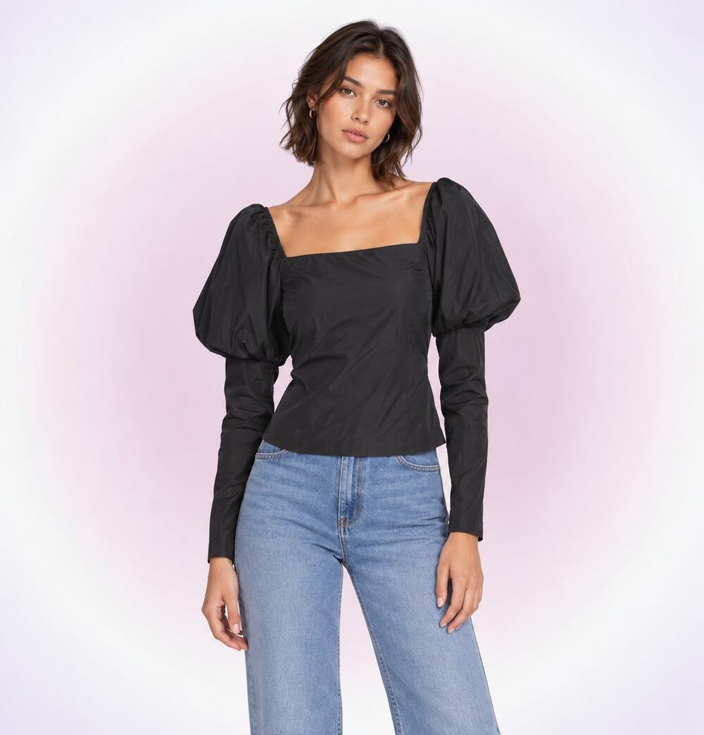 Andamane Elsa Puff Sleeve Taffeta Top Black Blouse | Sz XS